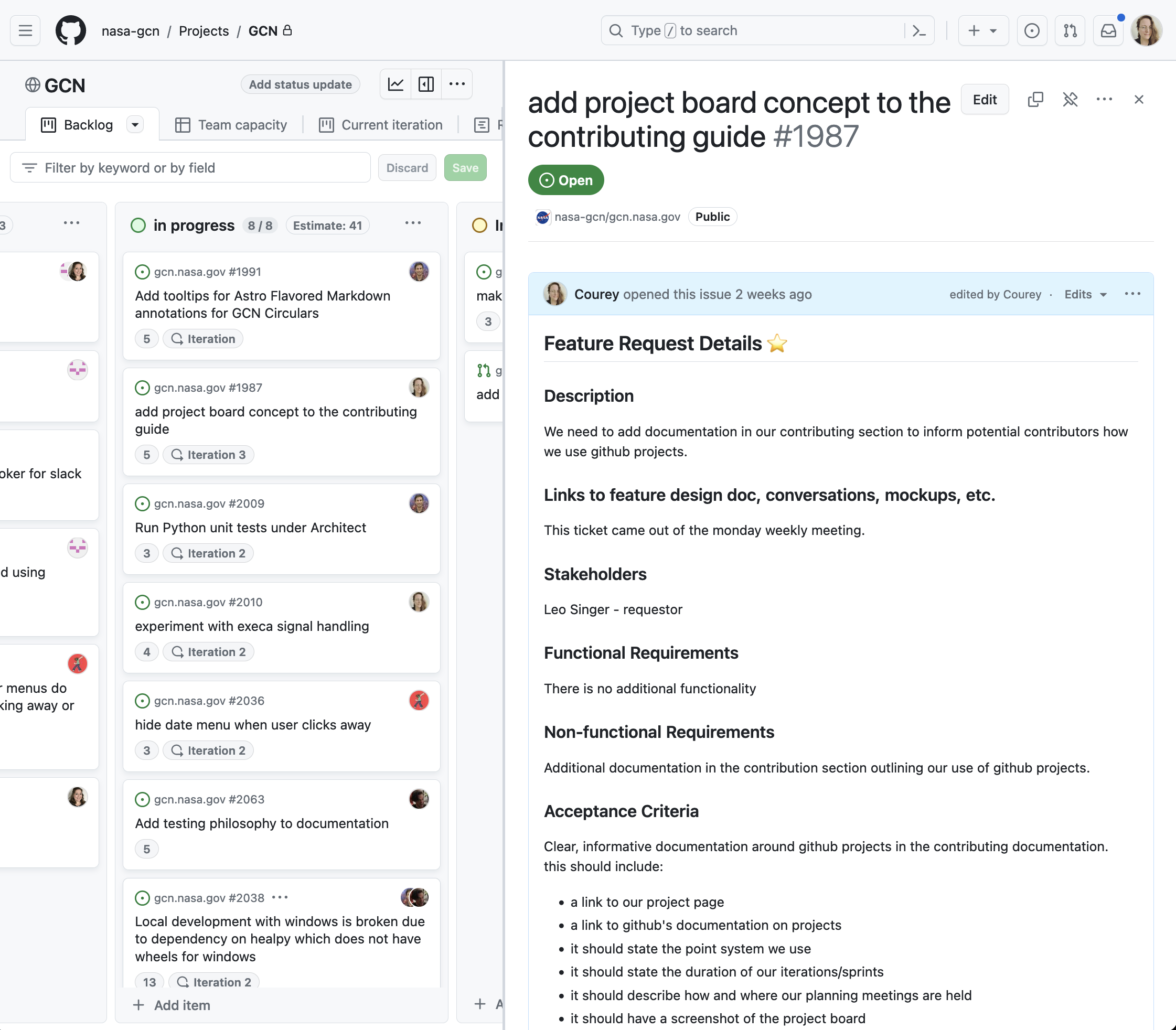 Screen shot of and open ticket on the GCN Project in GitHub Projects