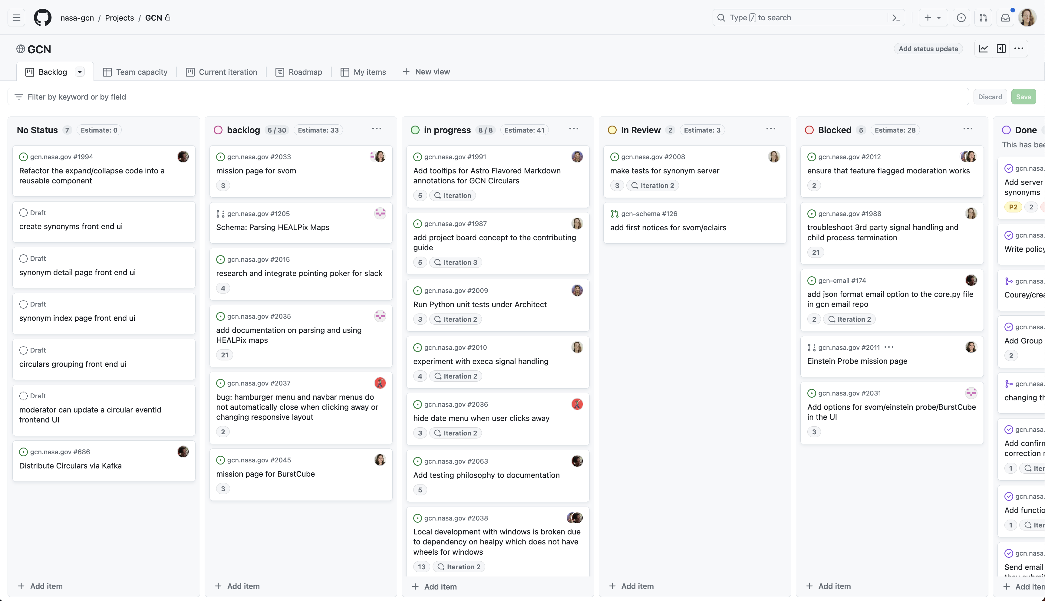Screen shot of GCN Project in GitHub Projects